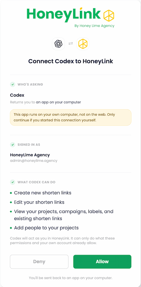 หน้าจอยินยอมของ HoneyLink ที่แสดงใน ChatGPT พร้อมรายการสิทธิ์ที่ขอ